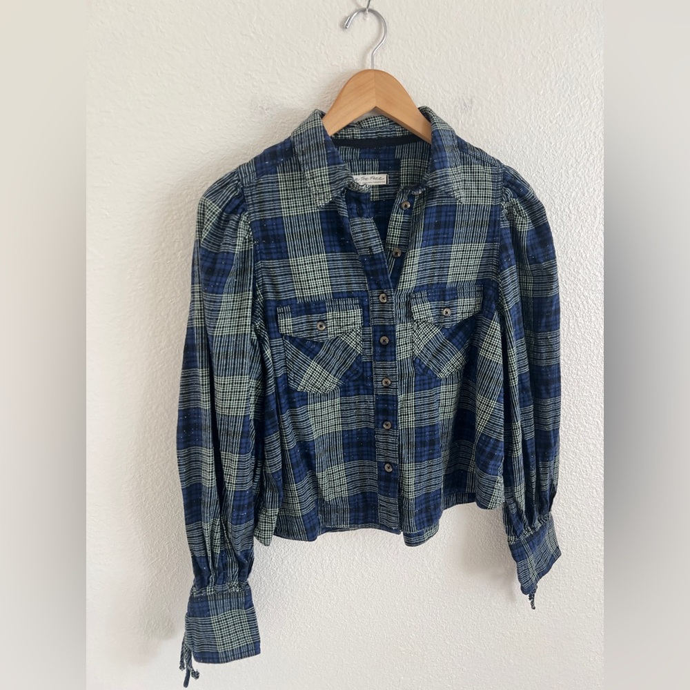 FREE PEOPLE blue sun city plaid puff sleeve top grunge preppy / size XS - Picture 3 of 8